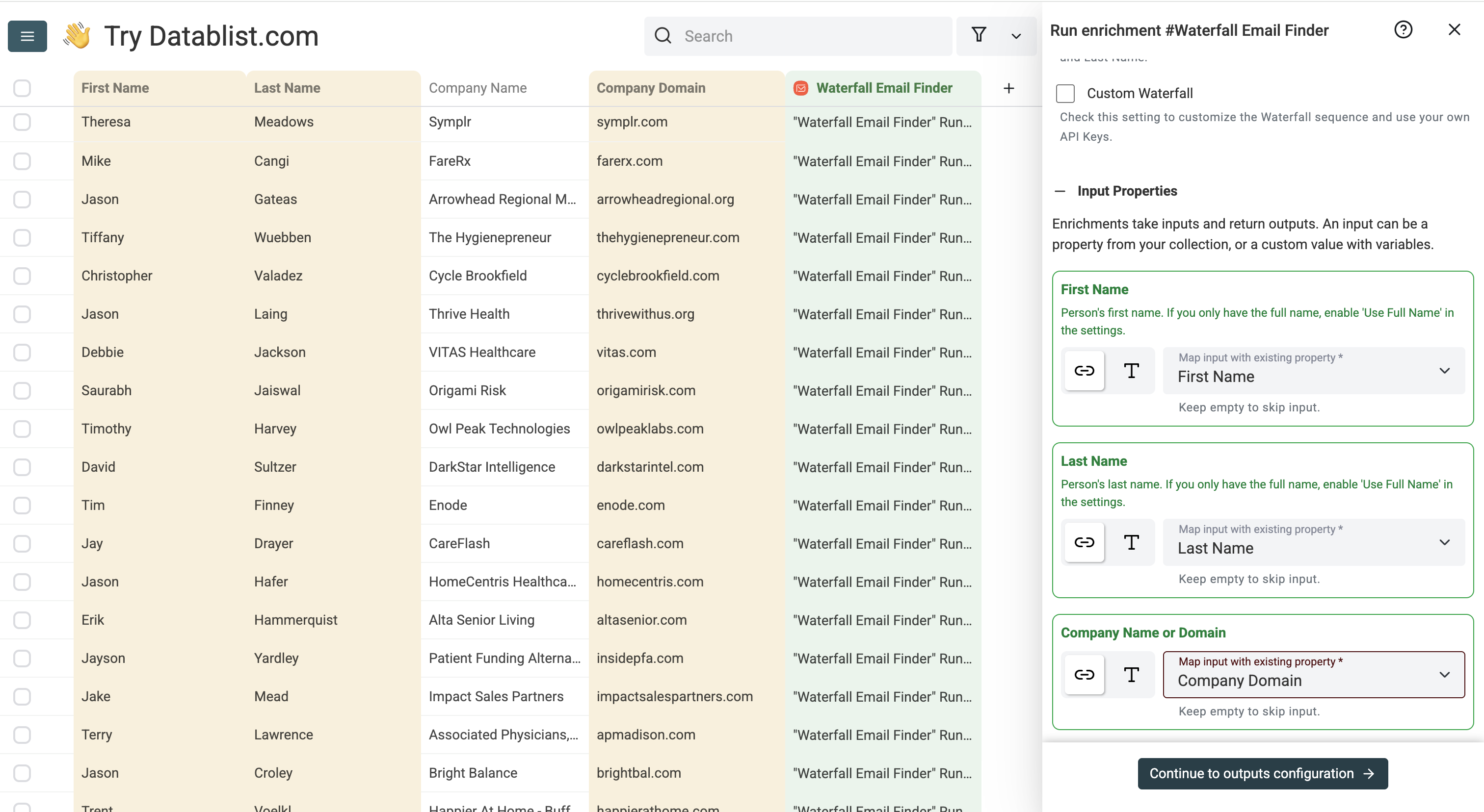 Datablist output selection screenshot