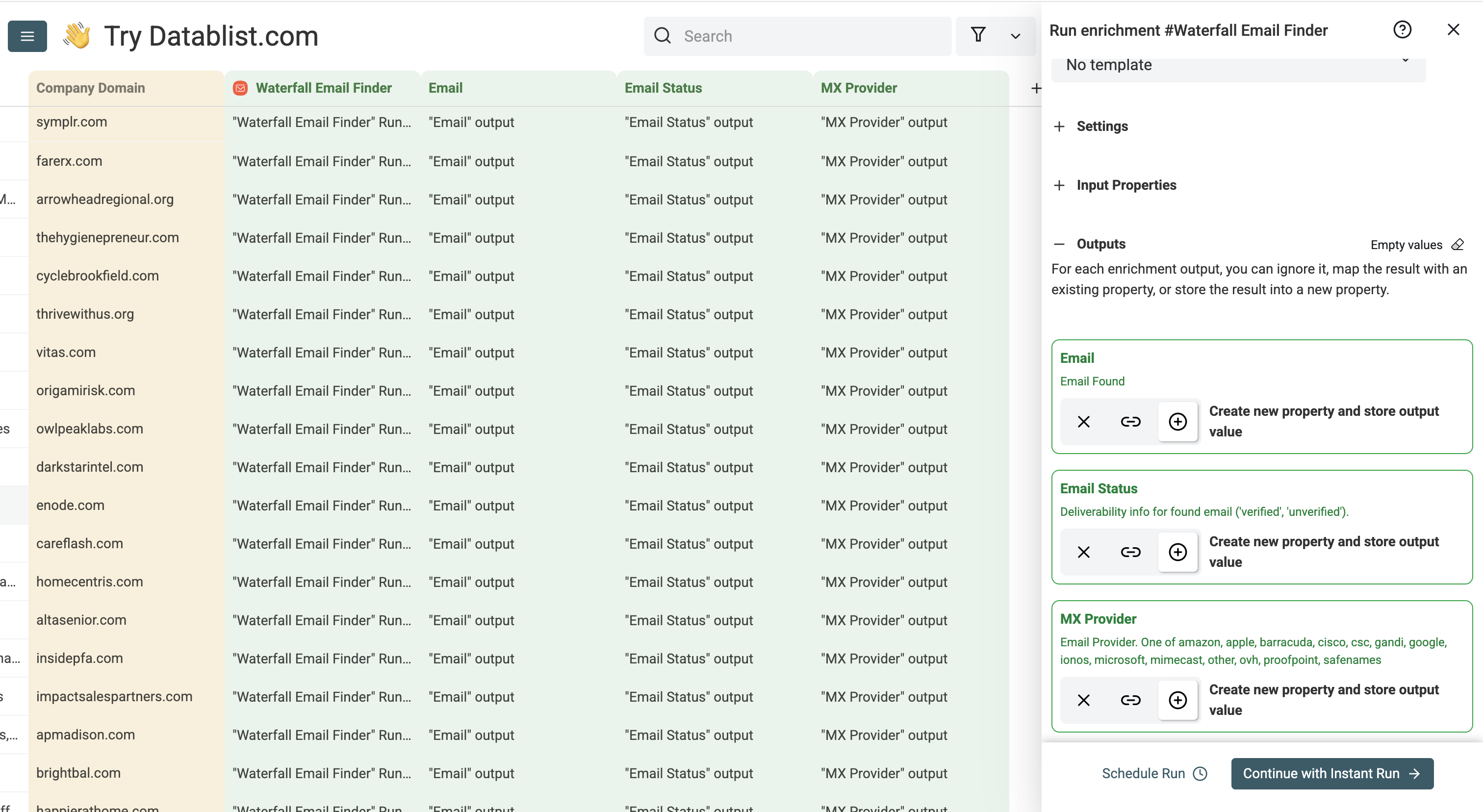Datablist run options screenshot